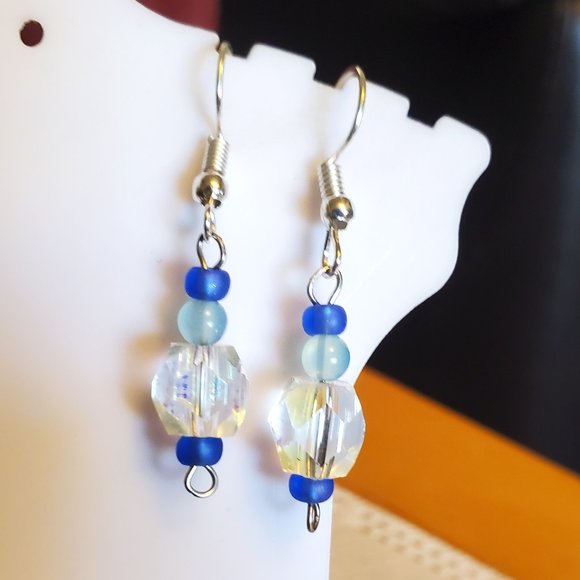 Silver Tone Hook Glass Square Bead Dangle Earrings - Picture 3 of 3